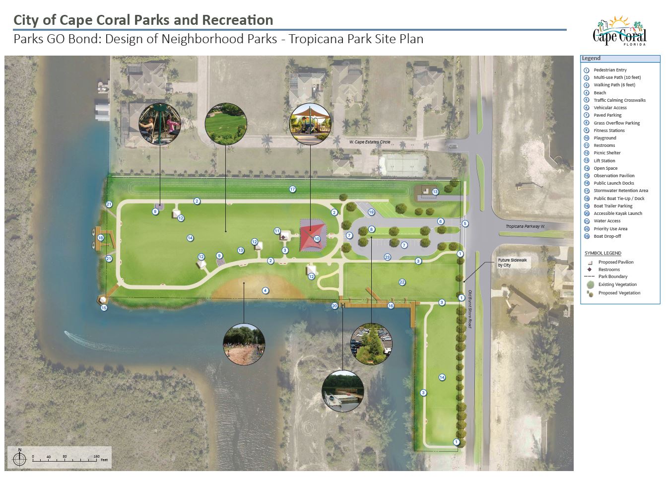 Tropicana Park Final Site Plan, showing amenities: paths, parking, fitness stations, playground, restrooms, picnic shelter, pavilion, docks, kayak launch, and boat dropoff and lift station